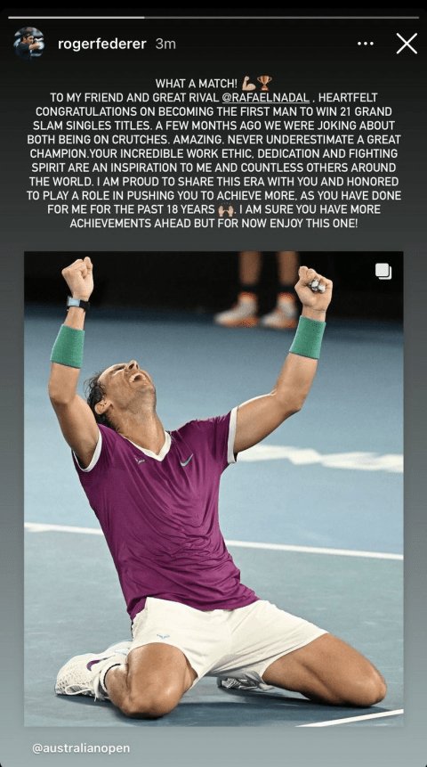 MattGradyTwit's tweet photo. This is why @rogerfederer and @RafaelNadal are such classy and inspiring guys. Some people might have been focused on losing record after 14 years but instead RF rises above to recognise special achievement. 2 greatest showing how it's done. https://t.co/8NVLyGNVkS