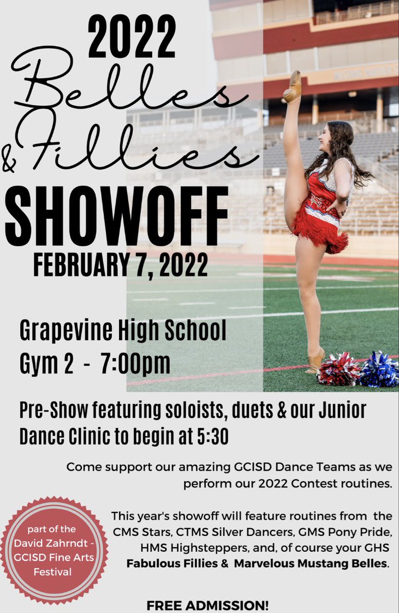 Come support your Fabulous Fillies and Marvelous Mustang Belles at our annual Showoff! Free Admission! Monday, February 7th in GHS Gym 2. See you there!#WeAreGCISD <a href="/GCISDFineArts/">GCISD Fine Arts</a>