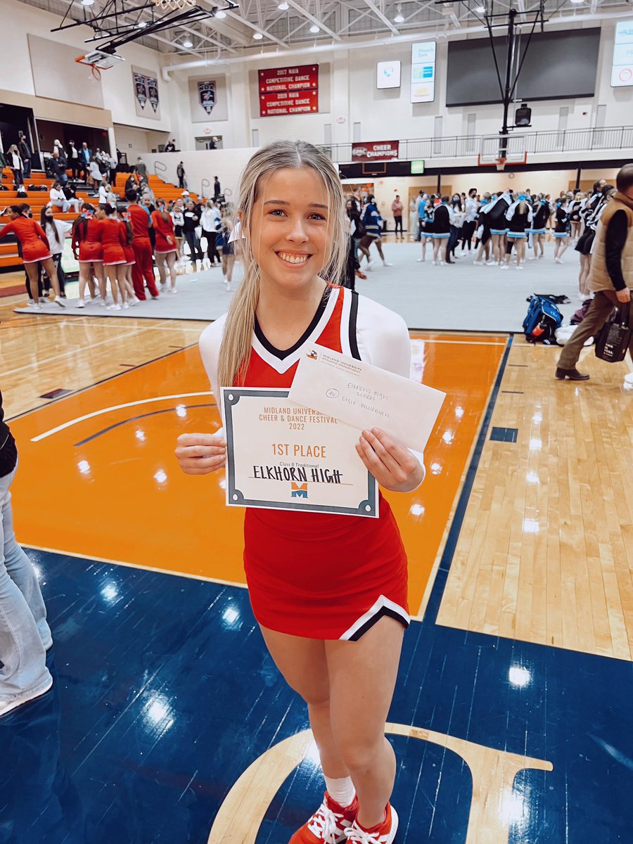 EHS_Activity's tweet photo. Congratulations to the Elkhorn High Cheer Team on a HUGE day in Fremont! 

🥇 1st Place in their Division 
🥇 Highest Score out of all Class B Performances 

📜 E. Uleman was also given a scholarship to attend Midland University! https://t.co/WcddXjdmE5
