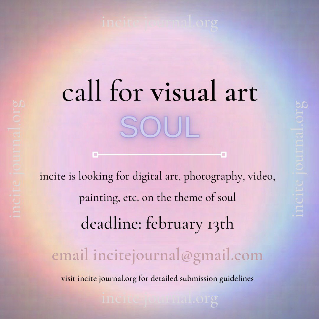 incite_journal's tweet photo. We have been very pleased with our current submissions, but we are also hoping for some visual art submissions 🎨! Deadline is February 13th! Get creative ✨ https://t.co/dhvlq3dvaG