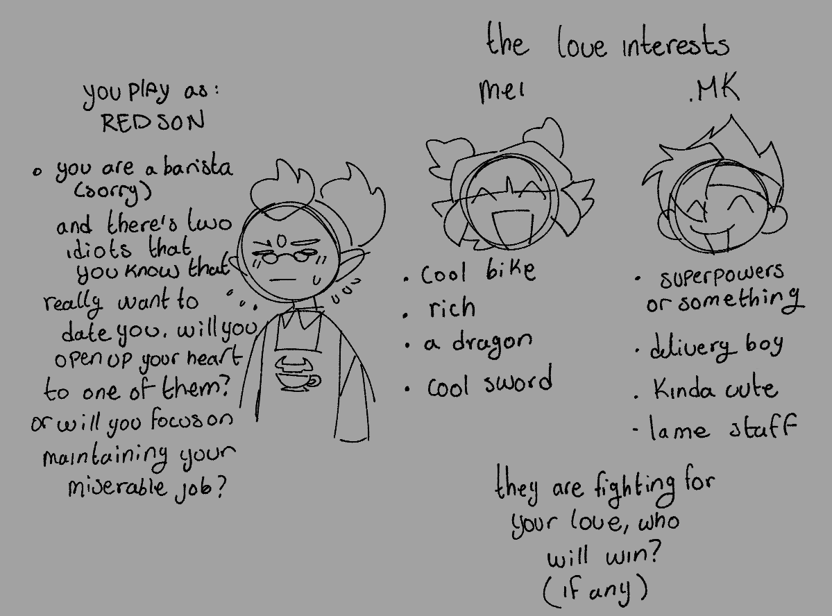 lmk doodles pt 2 but now an... dragonfruit / spicynoodles au? formated as a visual novel... for some reason... 