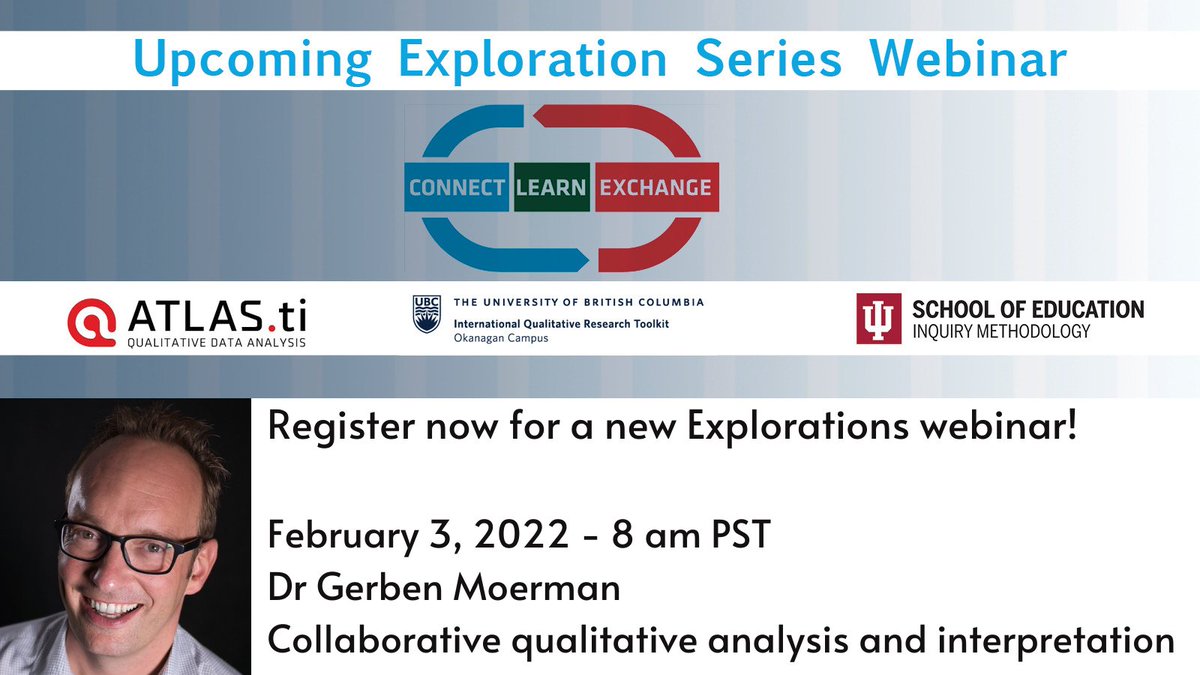 UbcoToolkit's tweet photo. 2 days until ATLAS.ti enthusiast Gerben Moerman Feb 3 webinar! Catch a rousing exploration of collaborative models of qualitative analysis. Register today! https://t.co/olKYVUKwFf #qualitative #research #collaborative #analysis #interpretation  #UBC https://t.co/I7jIZxQqH9