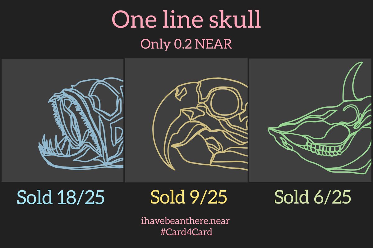IhaveBEANthere's tweet photo. Last minute! for #Card4Card on @ParasHQ
Cattle skull 🐮
https://t.co/As8swzFGTv
Avain skull 🐤
https://t.co/fAAKCNETQE
Piscine skull 🐟
https://t.co/2AmJc7GWv2
#paras #NEARnft #NEARProtocol #NEARcollector #Onelinefaces #Onelineskull #skull https://t.co/t5alp5rABj