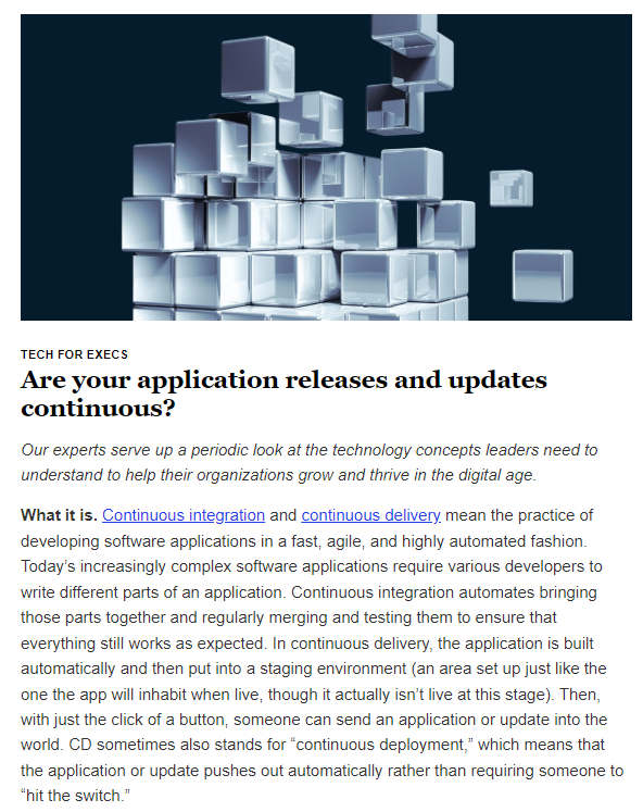 anandsw's tweet image. Our latest #TechforExecs spotlights 2 important concepts in software delivery: continuous integration and delivery. I really like this series that aims to break down the tech concepts that matter today: mckinsey.com/~/media/mckins… @McKinseyDigital @McKAnalytics