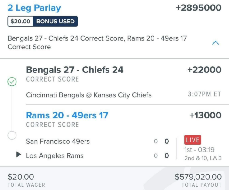 Pickswise's tweet image. BENGALS 27 - 24 CHIEFS ✅

RAMS 20 - 17 49ERS ❓

THIS BETTOR IS A STOP AWAY FROM $579K 🤯🤯🤯

(IG: jetthonig_ | @FDSportsbook)