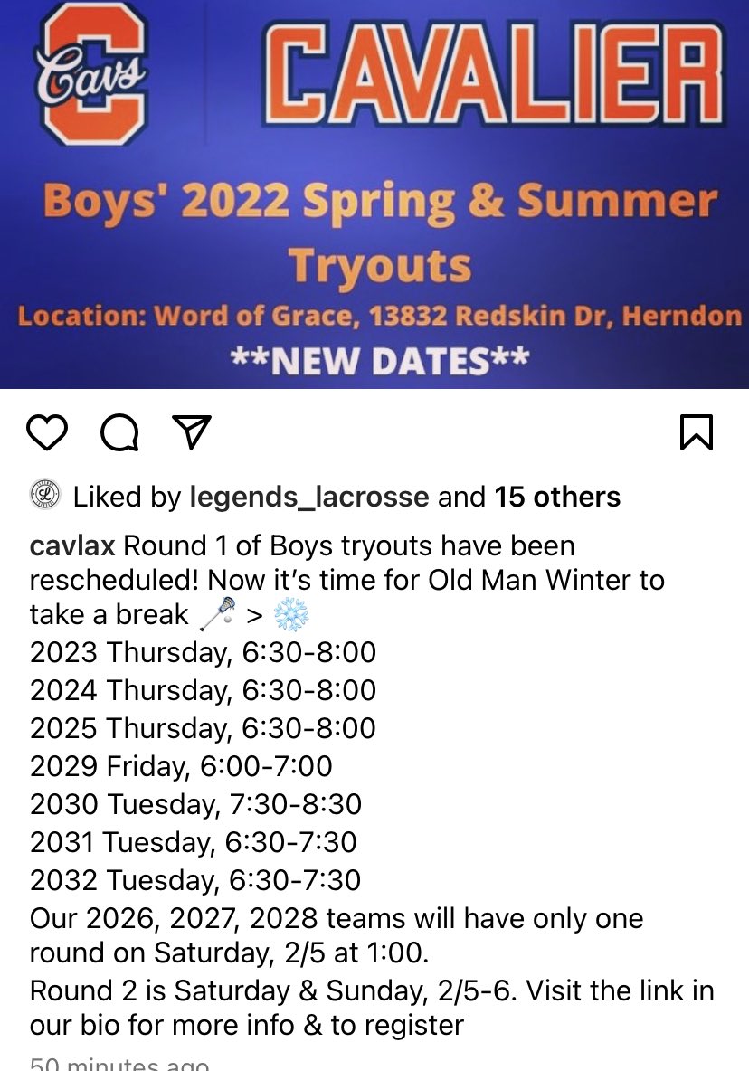 Cavs Boys round one tryouts have been rescheduled! 🥍 &gt; ❄️