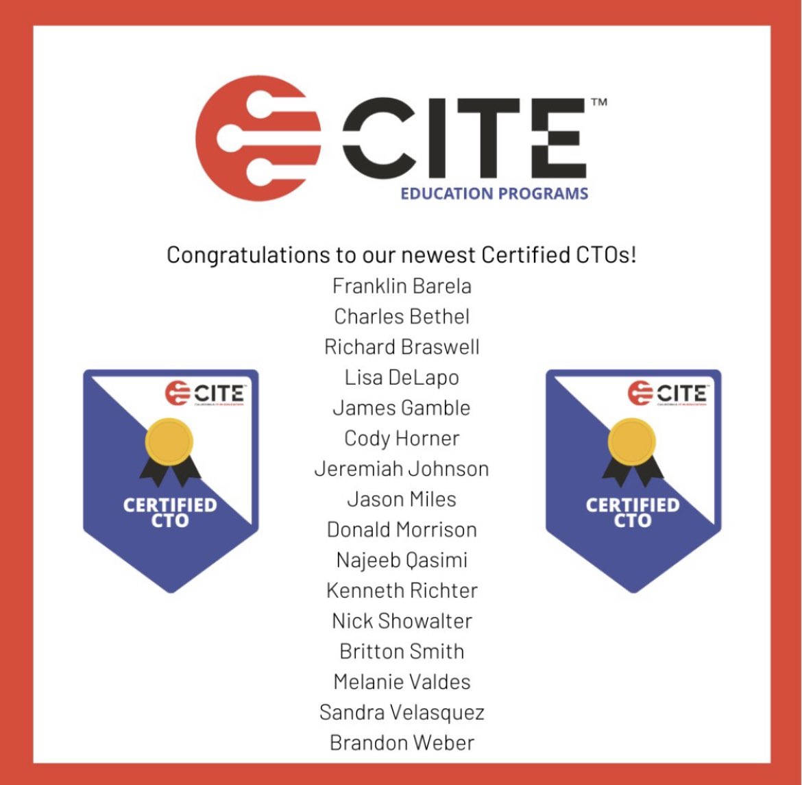Are you ready for our first meeting of this year? I know we are! Details for our upcoming #CIATG meeting will be shared tomorrow. Until then, let’s congratulate our newest CITE Certified CTOs.<a href="/CITE_EDU/">CITE, California IT in Education</a>