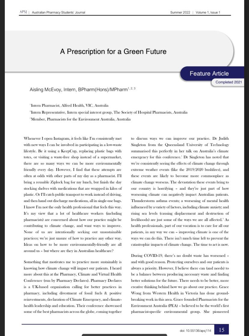 Rx4Climate's tweet photo. Green 👏🏻 to @MonashPharm alum @AislingMcEvoyRx, now a #pharmacy resident at @AlfredHealth, for publishing on pharmacy’s role in #ClimateAction. Check out full pub (w/ shouts to worldwide influences) here, #TwitteRx -> https://t.co/AoIT4ezyd0 https://t.co/eEneo8Jcuj