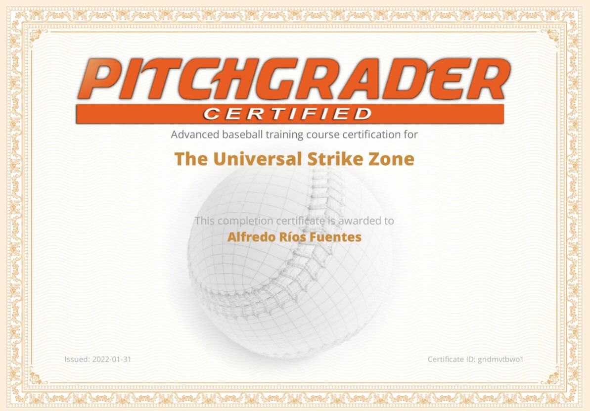 Completado el curso "The Universal Strike Zone".
Recomendaciones de <a href="/PitchGrader/">PitchGrader</a> sobre la Zona de Strike para analizar:
- disciplina del bateador en el plato
- control del lanzador 
- encuadre (framing) del receptor 
- calidad de la decisión del árbitro