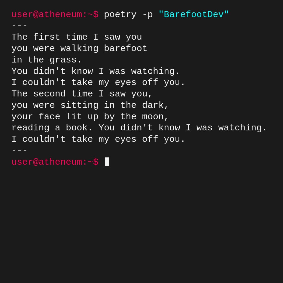 BarefootDev's tweet photo. @AtheneumNFT is SUCH a cool AI-NFT project with an awesome minting experience.

1. Type anything into their website
2. An AI makes a poem for you (in seconds!)
3. If you like it, mint it, otherwise try again

Very reasonably priced too 🙏 https://t.co/qLyTpDNosX