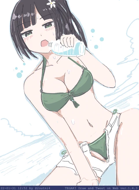 リゾートで水分補給な岩切よしの #駅メモファンアート #tegaki_dt 