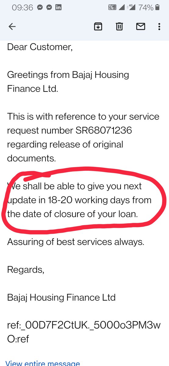 Vivek20011's tweet photo. @Bajaj_Finance What complete reply check ur reply screenshot... Not acceptable and is Harrasment. Why 18-20days when your TAT is 3 days for NOC &amp; 15days for returning Property documents. 
@Bajaj_Finance @sanjivrbajaj @RBI @the_hindu @TOIEditor https://t.co/b44cP3gQzU