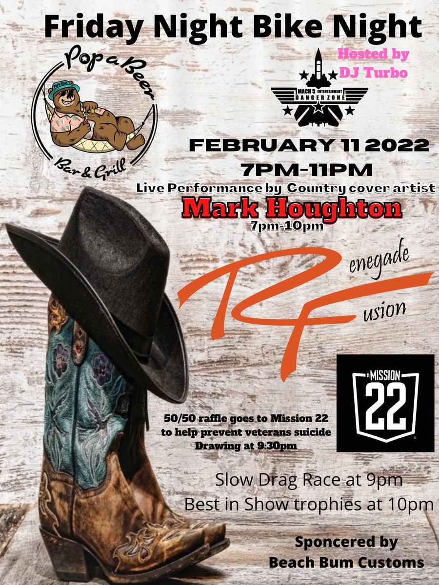 Mach5E21's tweet image. Friday Night is our Last Friday Night Bike Night at Pop A Beer Bar and Grill  before we switch to Saturday... Come on out and Find Your County with Renegade Fusion country cover artist Mark Houghton... As always we will be having our 50/50 raffle, Slow drag and Best In Show...
