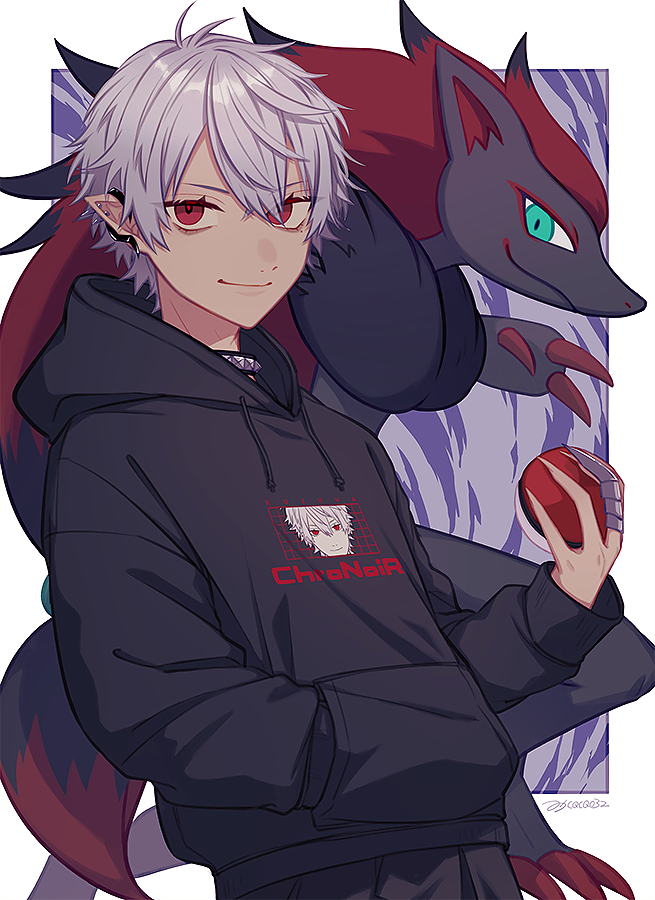kuzuha (nijisanji) poke ball holding poke ball 1boy male focus holding pokemon (creature) red eyes  illustration images