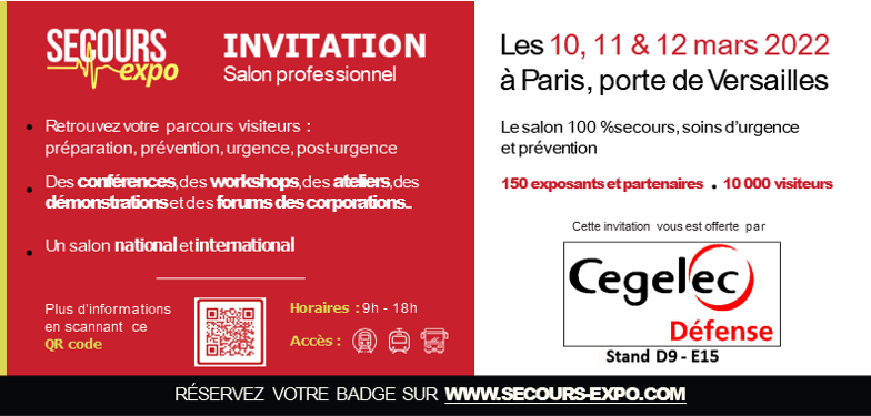 Cegelec défense vous accueille au salon SECOURS EXPO, du 10 au 12 mars à Paris : Unité mobile de décontamination NBC, Poste médical avancé, Unités de traitement de l'eau, Poste de commandement mobile, Protection des infrastructures critiques et sites sensibles.<a href="/secoursexpo/">Secours Expo</a>