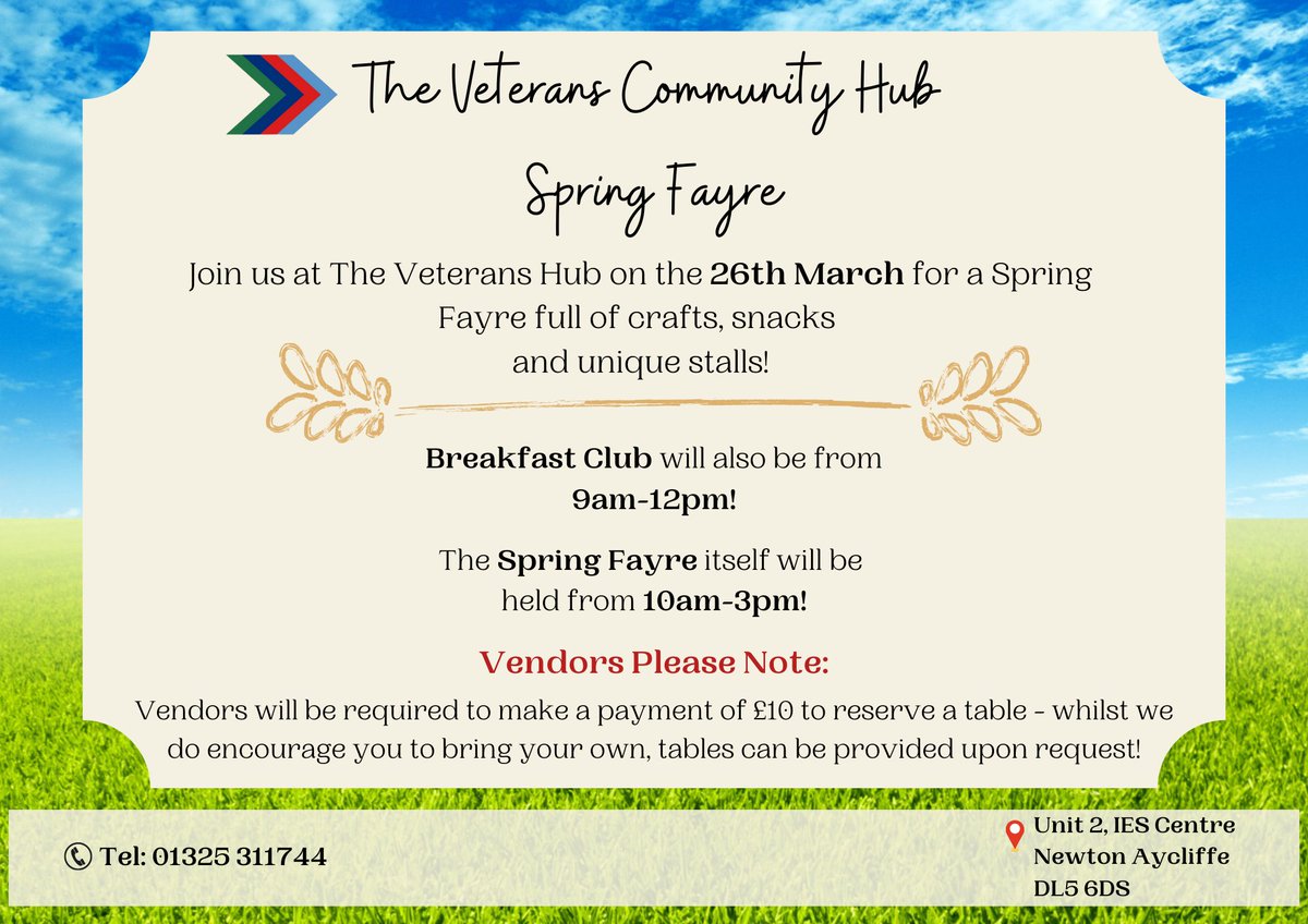Date for the diary! The Veterans Hub Spring Fayre coming 26th March from 10am to 3pm.