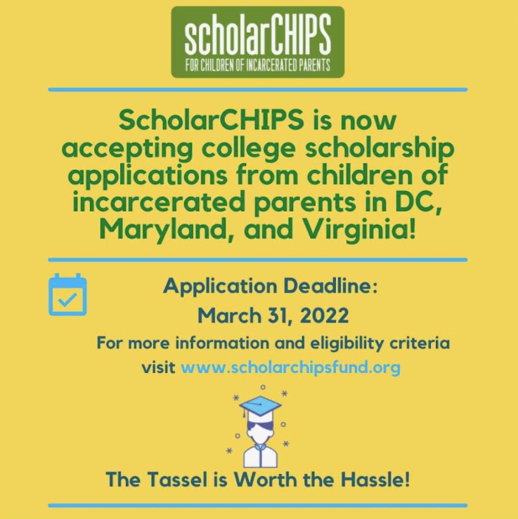 cromagnuson's tweet photo. The ScholarCHIPS application for DC, Maryland Virginia (DMV) college-bound youth with incarcerated parents, is now live! Technical and vocational programs are also eligible. The deadline is March 31, 2022. Download the application today: https://t.co/uRJiOQ8JrI. 
#scholarship https://t.co/IHAtAgCRfj