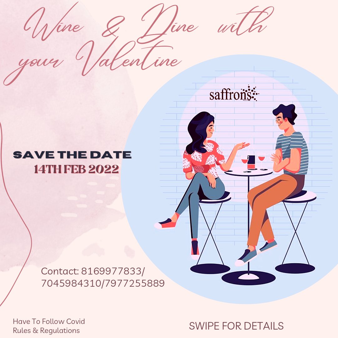 VijayKalose's tweet photo. Saffrons Multimedia Publications is holding a Special #valentinesday Event WINE &amp; DINE WITH YOUR VALENTINE On 14th Feb 2022

Swipe to Know More Details &amp; Contact 8169977833 or DM us

#ValentinesDay  #ValentinesDay2022  #LoveIsColorBlind  #EVENT  #partytime  #Romance  #CoupleGoals https://t.co/HDCWCMlvvw