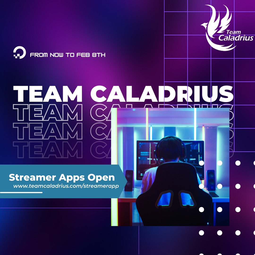 TeamCaladrius's tweet photo. You have ONE MORE DAY! To apply and become a part of our incredible stream team family 💖 Applications are OPEN until February 8th! (That’s tomorrow!) Apply today at https://t.co/BxZwI5yOi0
#streamteam #TwitchStreamers #caladrius https://t.co/IwtK2weTYc