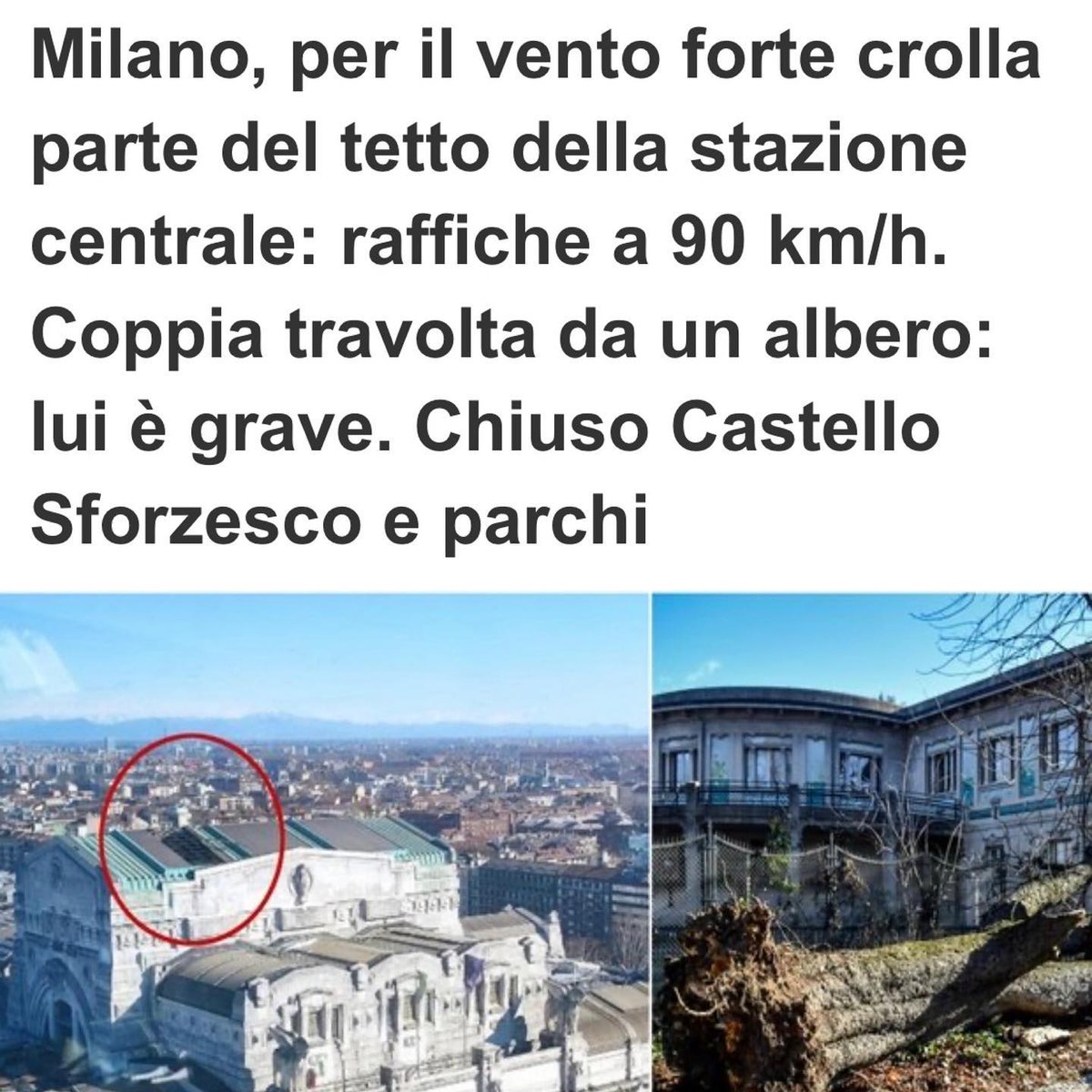 matteosalvinimi's tweet photo. A #Milano raffiche di #vento così forti da far oscillare i palazzi. Castello Sforzesco, parchi e strade chiusi. Una coppia travolta da un albero. Che dramma. Vicino ai milanesi che hanno subito gravi disagi. https://t.co/95rjeImFdb