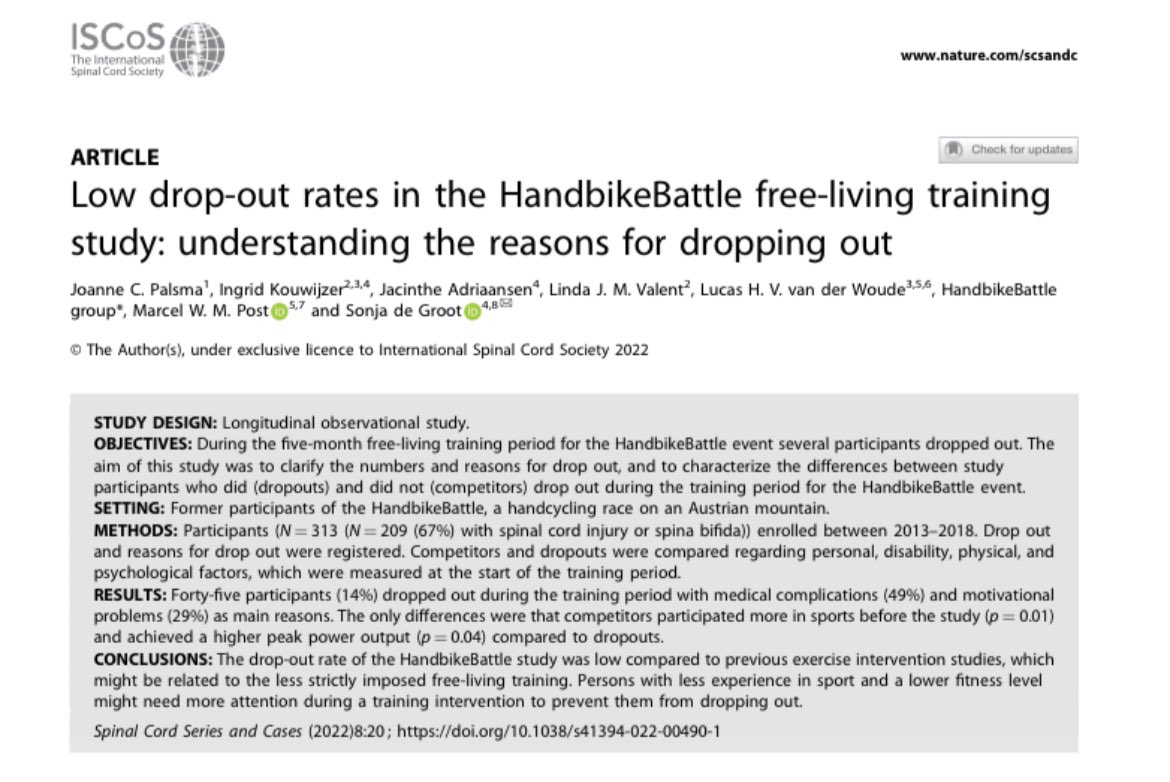 New @HandbikeBattle paper online: Low drop-out rates in the HandbikeBattle free-living training study: understanding the reasons for dropping out. You can read it ➡️ rdcu.be/cGv4v