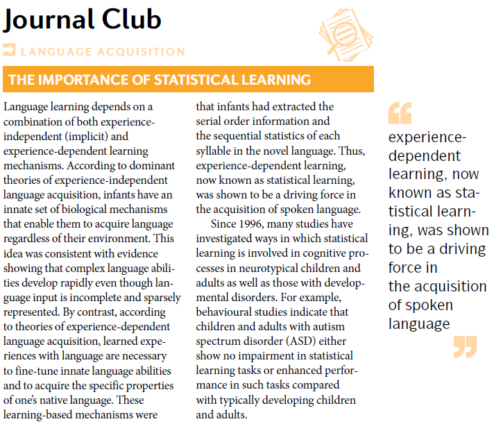 In this #JournalClub, @BeccaCanale of @UConnPSYC  describes research by @jenny_saffran et al. that established statistical learning as a driving force in language acquisition. 

Read the full Journal Club here: https://t.co/zbSYfwiD44 https://t.co/E3JnrcoTvr