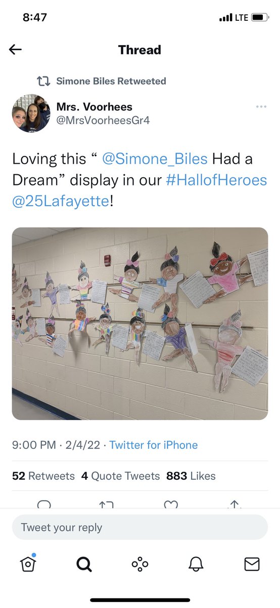 Thank you so much <a href="/Simone_Biles/">Simone Biles</a> for recognizing my class !! They were beyond excited to hear that you saw their work!! They loved learning about you ! ❤️