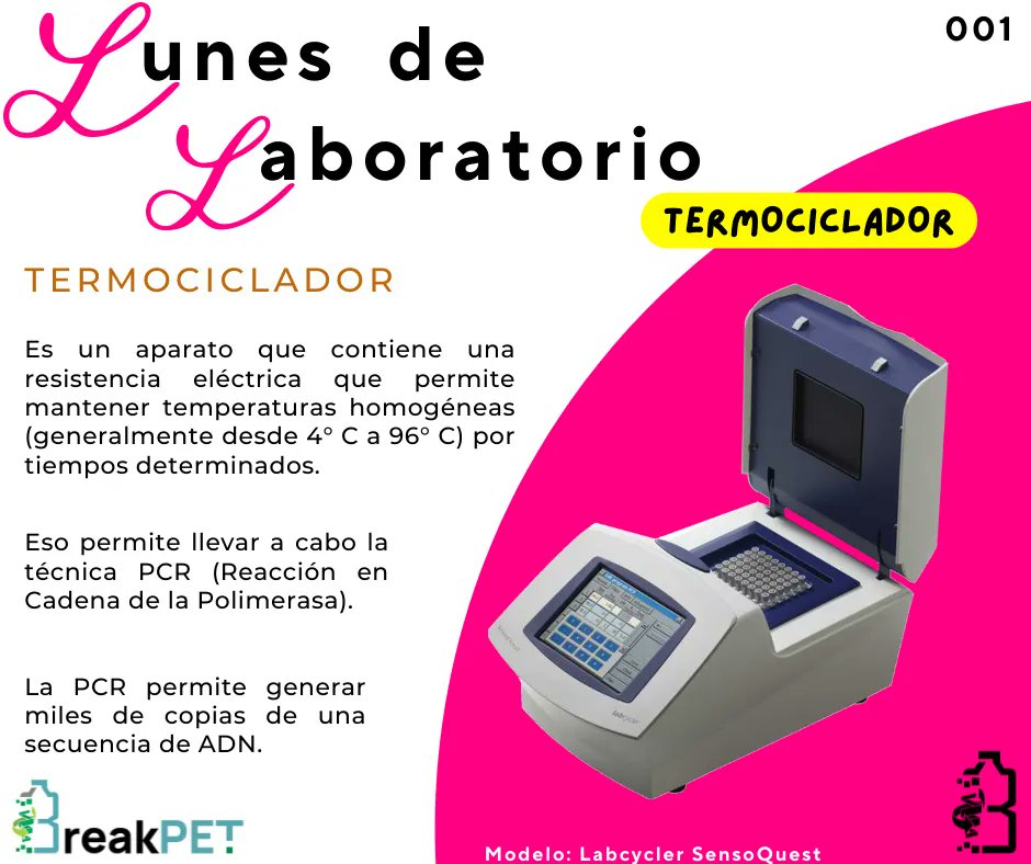 Break_pet's tweet photo. 🧪 ¡Bienvenidos al Lunes de Laboratorio de BreakPET♻��! 👩‍🔬

⚡️ En esta sección aprenderás 🧠 sobre algunos aparatos 🗜️, instrumentos 🔬 y técnicas ⚙️ que utilizamos los científicos 👨‍🔬 en el laboratorio ⚗️ de Biotecnología diariamente. ⚡️

⭐️TERMOCICLADOR⭐️ https://t.co/k0jZf6RxIg