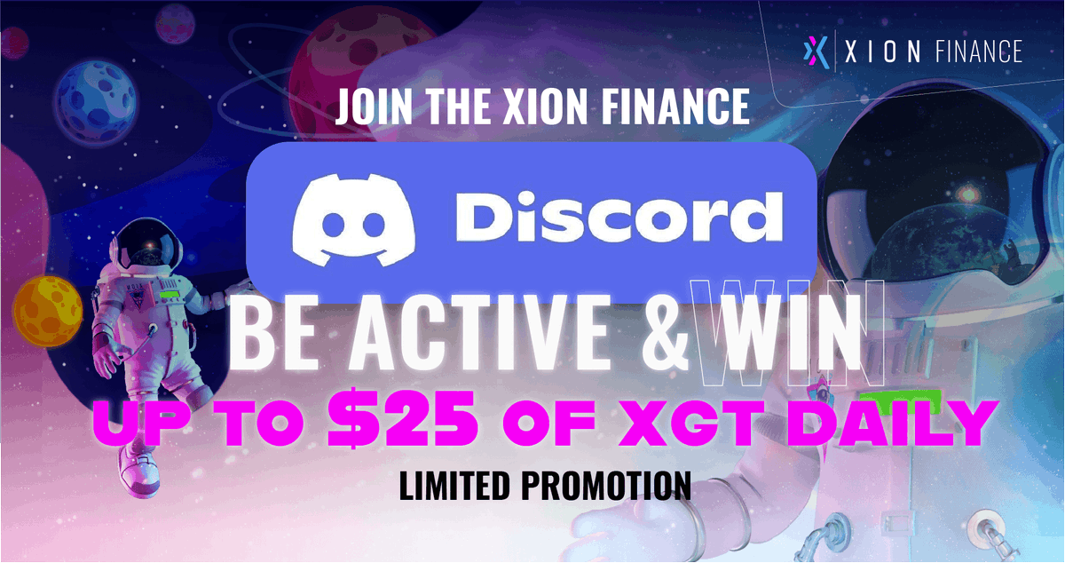 xionfinance's tweet photo. Level up, Get Whitelisted &amp; WIN $XGT

Join Here👉 https://t.co/sNgV4hHxqb

🤑2x Winners Daily ($25 in $XGT)

Steps:
🎟️Invite 3 Friends
⌨️Be Active
⏫Level Up

Auto-Entry into the #XionFinance #NFT Whitelist🔥

#LimitedPromotion #Discord #WIN https://t.co/efJms8Caxw