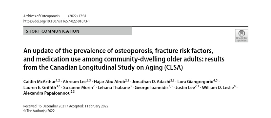In our new study with <a href="/clsa_elcv/">Canadian Longitudinal Study on Aging (CLSA)</a> data, we found that most community dwelling older adults at high #fracture risk were not taking an #osteoporosis medication indicating an opportunity for improved primary fracture prevention - check it out here: rdcu.be/cGov0