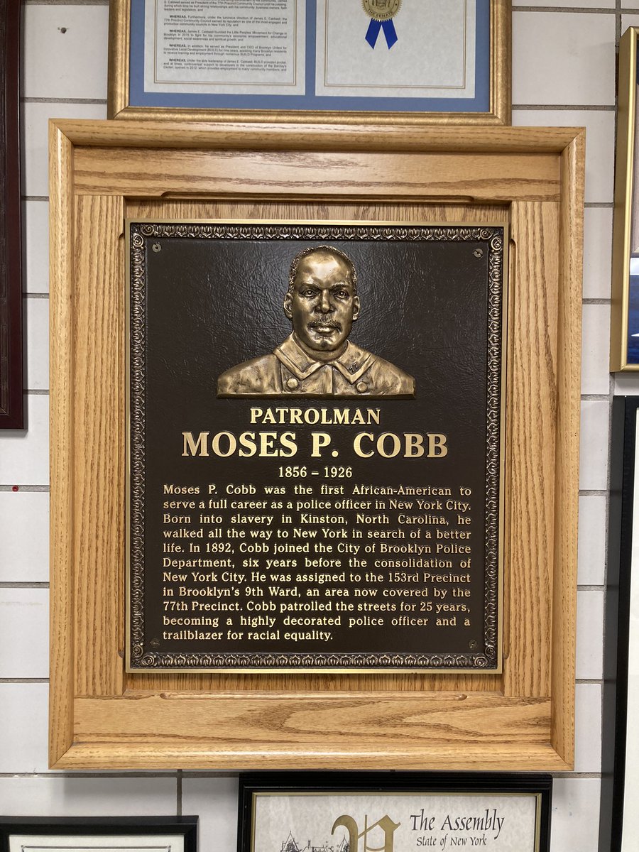 NYPDChiefPatrol's tweet photo. NYPD #BlackHistoryMonth Tour: In 1892, Patrolman Moses Cobb became one of the first Black officers in the Brooklyn Police Department &amp; served faithfully until he retired in 1917 from the NYPD. He is honored with a plaque &amp; a street sign at the @NYPD77Pct, near where he served. https://t.co/kqFsRu8OfW