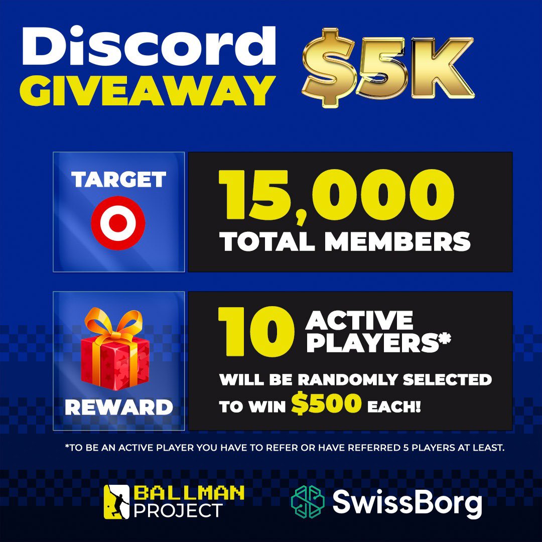 Discord Giveaway🔥
 $5000 in ETH to 10 Lucky Winners ! 🎾

Target to get Cash💰 : 15 000 members on discord 

1) Like and RT this post
2)Join the Discord : discord.gg/ballmanproject
4) Tag 3 friends

10 Winners 🏆💰
($500 each)

<a href="/stanwawrinka/">Stanislas Wawrinka</a> 
<a href="/swissborg/">SwissBorg</a>