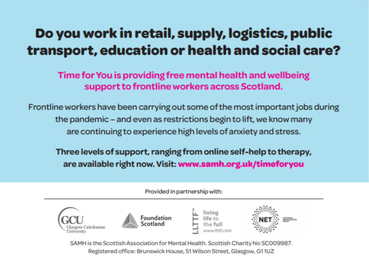 CVSInverclyde's tweet photo. SAMH is providing a new free service which frontline workers can access right now!

The Time for You service offers instant access to free mental health and wellbeing support for frontline workers in Scotland.

You can find more information at https://t.co/UCdNbcflBr https://t.co/qA9JYzgUzk