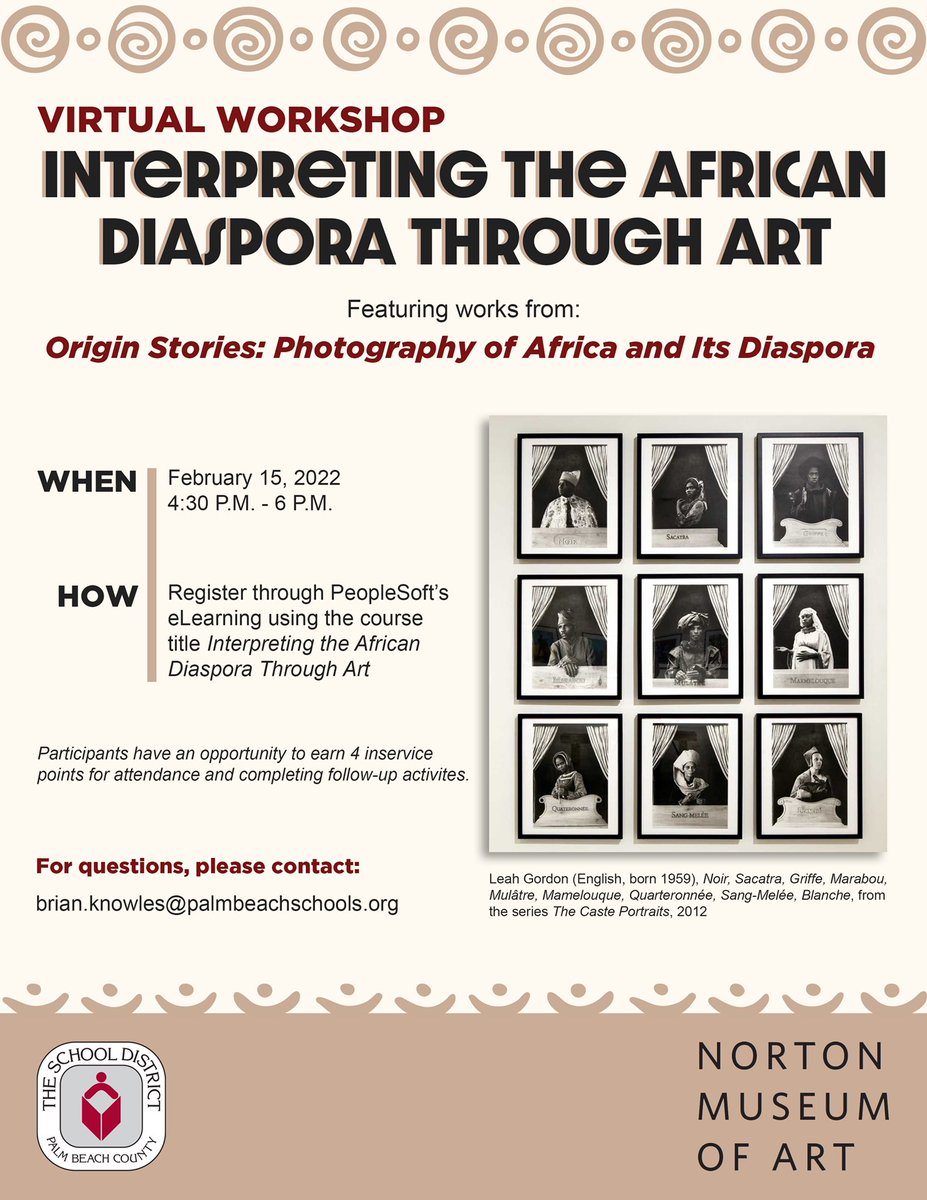 SDPBC Africana, Latino, Holocaust & Gender Studies (@aaalhg_studies) on Twitter photo Thursday, 2/15 at 4:30 PM: Join us in collaboration with the <a href="/NortonMuseum/">Norton Museum of Art</a> as we discuss and analyze the African Diaspora through visual art. This workshop features the exhibit, Origin Stories: Photography of Africa and its Diaspora. Please register through Elearning. Thursday, 2/15 at 4:30 PM: Join us in collaboration with the <a href="/NortonMuseum/">Norton Museum of Art</a> as we discuss and analyze the African Diaspora through visual art. This workshop features the exhibit, Origin Stories: Photography of Africa and its Diaspora. Please register through Elearning.