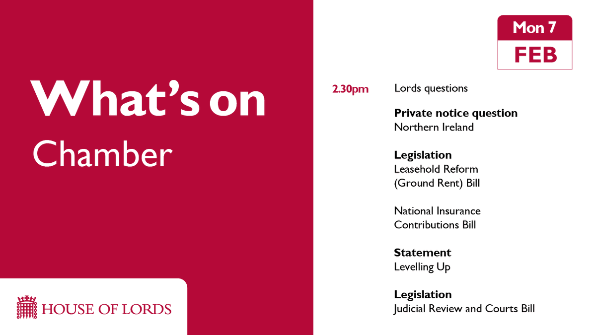 UKHouseofLords's tweet photo. 🕝 #HouseofLords from 2.30pm:
#LordsQs, consideration of @HouseofCommons changes to #LeaseholdReformBill, #SubsidyControlBill and #NIContributionsBill checks, and key debate on #JudicialReviewBill.
📄Find out more https://t.co/MPXprudXN7
📺 Watch https://t.co/a9cHQdwn9u https://t.co/DaZwJV8ed6