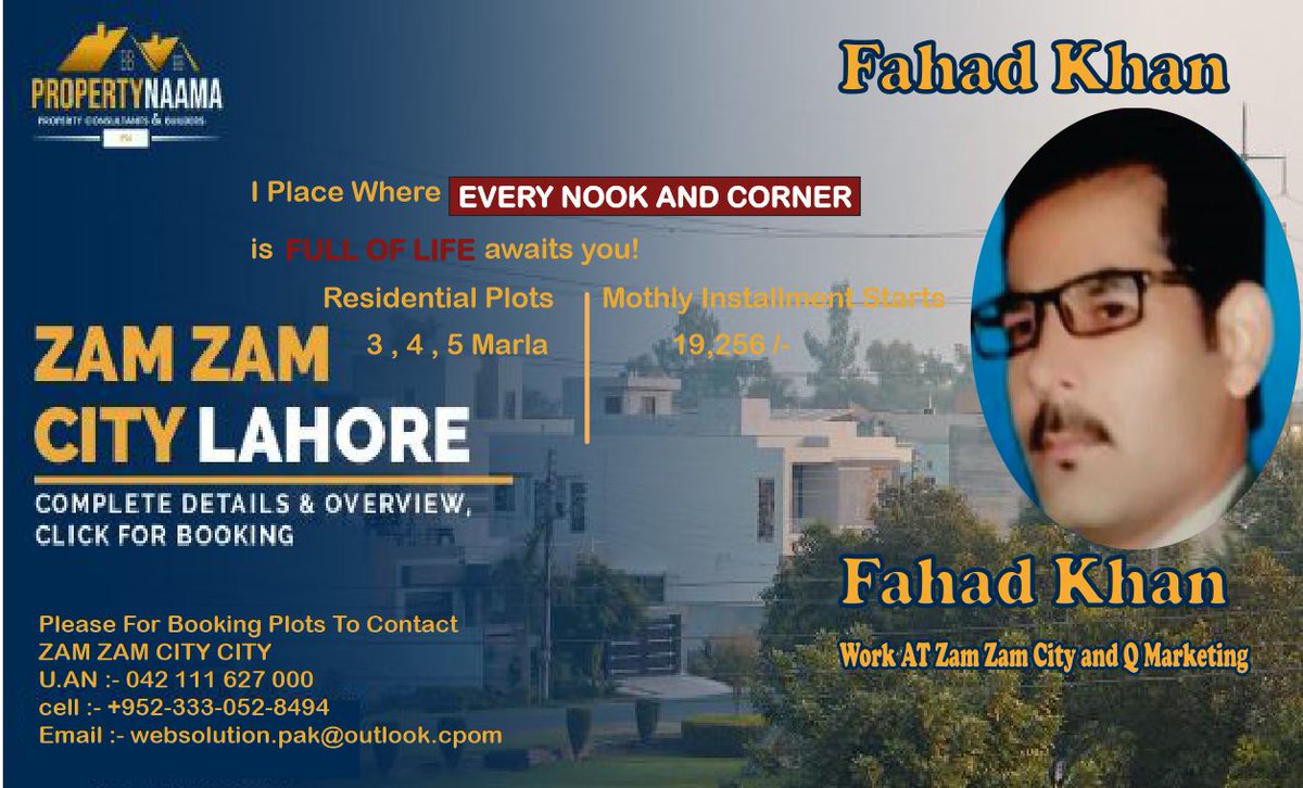 WebSolution_00's tweet image. ZAM ZAM CITY Q MARKETING 3 , 4, 5 Marla 19,256 /- Monthly Installment Starts From ,.  For Booking Plots Please Contact +92-333-052-8494 and Email :- websolution.pak@outlook.com #ZAM #ZAM #CITY #ZAMZAMCITY #CITY #QMARKETING #MARLA #INSTALLEMENT #MARKETUING #marketing #email