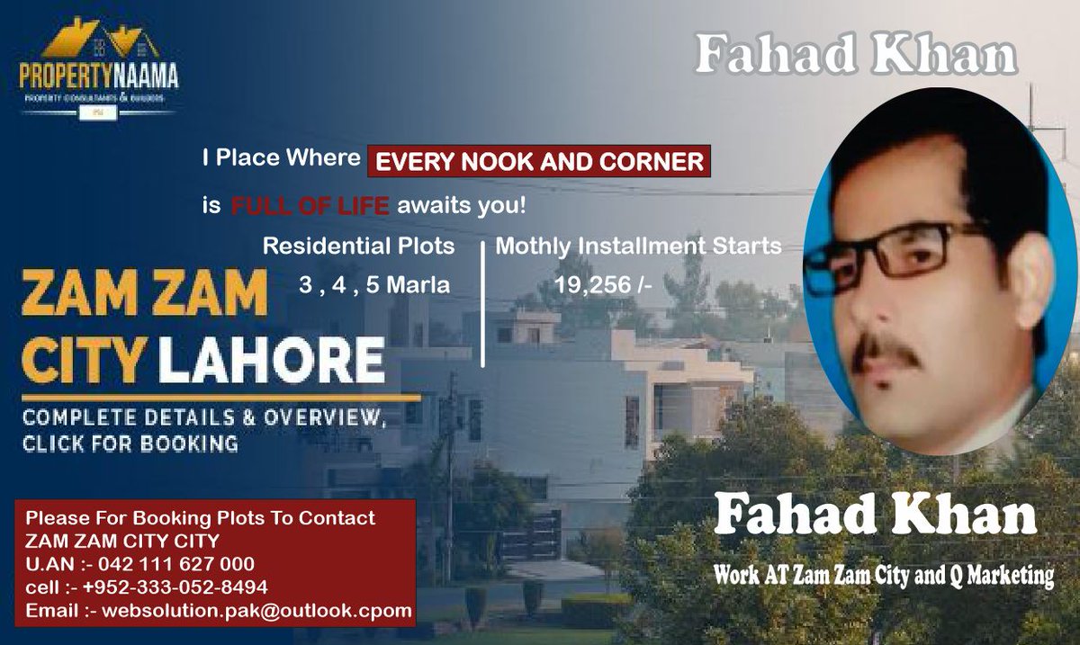 WebSolution_00's tweet image. ZAM ZAM CITY Q MARKETING 3 , 4, 5 Marla 19,256 /- Monthly Installment Starts From ,.  For Booking Plots Please Contact +92-333-052-8494 and Email :- websolution.pak@outlook.com #ZAM #ZAM #CITY #ZAMZAMCITY #CITY #QMARKETING #MARLA #INSTALLEMENT #MARKETUING #marketing #email