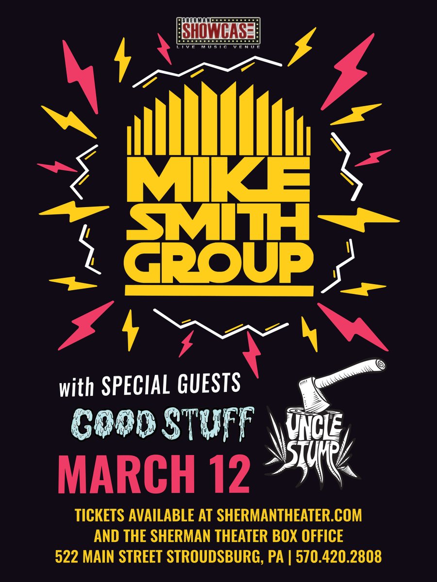 Mike Smith Group rocks the Sherman Showcase on Saturday, March 12.  With special guests <a href="/GSTBKeebler/">Good Stuff</a> and Uncle Stump! 🎸

Tickets on sale NOW at bit.ly/3ohcB3K

#livemusic #concert #shermantheater #poconos #stroudsburgpa