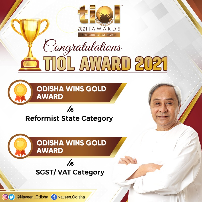 Naveen_Odisha's tweet photo. Congratulate @Banijyakar as #Odisha has been selected to receive TIOL National Taxation Award 2021 (Gold) as the best reformist state and Gold Award in GST/State VAT Category. Odisha has been selected based on the responses received from citizens/taxpayers. #OdishaLeads https://t.co/0FYNfCajFR