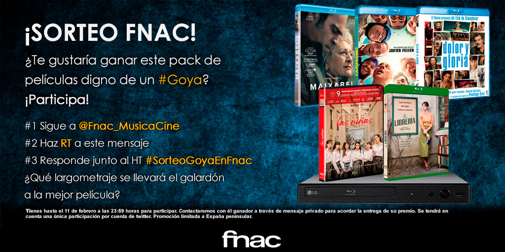 Los #Goya están a la vuelta de la esquina y en #Fnac queremos celebrarlo con vosotros📢

¿Quieres ganar este pack?🍀Participa en el sorteo🍀

✅Sigue a <a href="/Fnac_MusicaCine/">Fnac Música / Cine</a>
✅RT
✅Responde junto al HT #SorteoGoyaEnFnac ¿Qué largometraje se llevará el galardón a la mejor película?