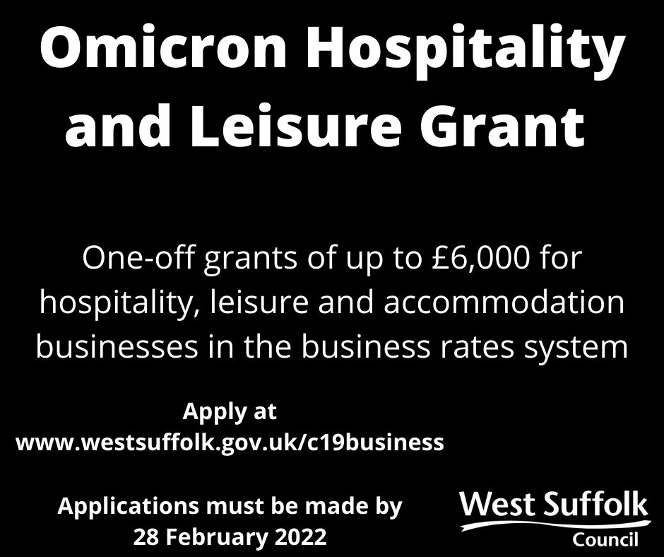 West_Suffolk's tweet photo. NEW EXTENDED DEADLINE 
We've already paid out £760,000 to over 200 West Suffolk businesses for the Government's #OmicronHospitalityandLeisureGrant 
If you run a pub, restaurant, cafe, hotel or other hospitality, leisure or accommodation business, see https://t.co/MsYyhPdgmY https://t.co/G8uoYkEEBl