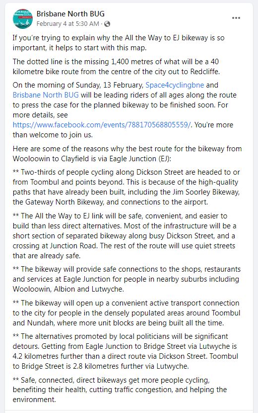 cbdbug's tweet image. . @BugNorth explains why the "All the way to EJ" plan as currently proposed by @brisbanecityqld makes sense as a way to link the North Brisbane Bikeway to the Kedron Brook Bikeway.
