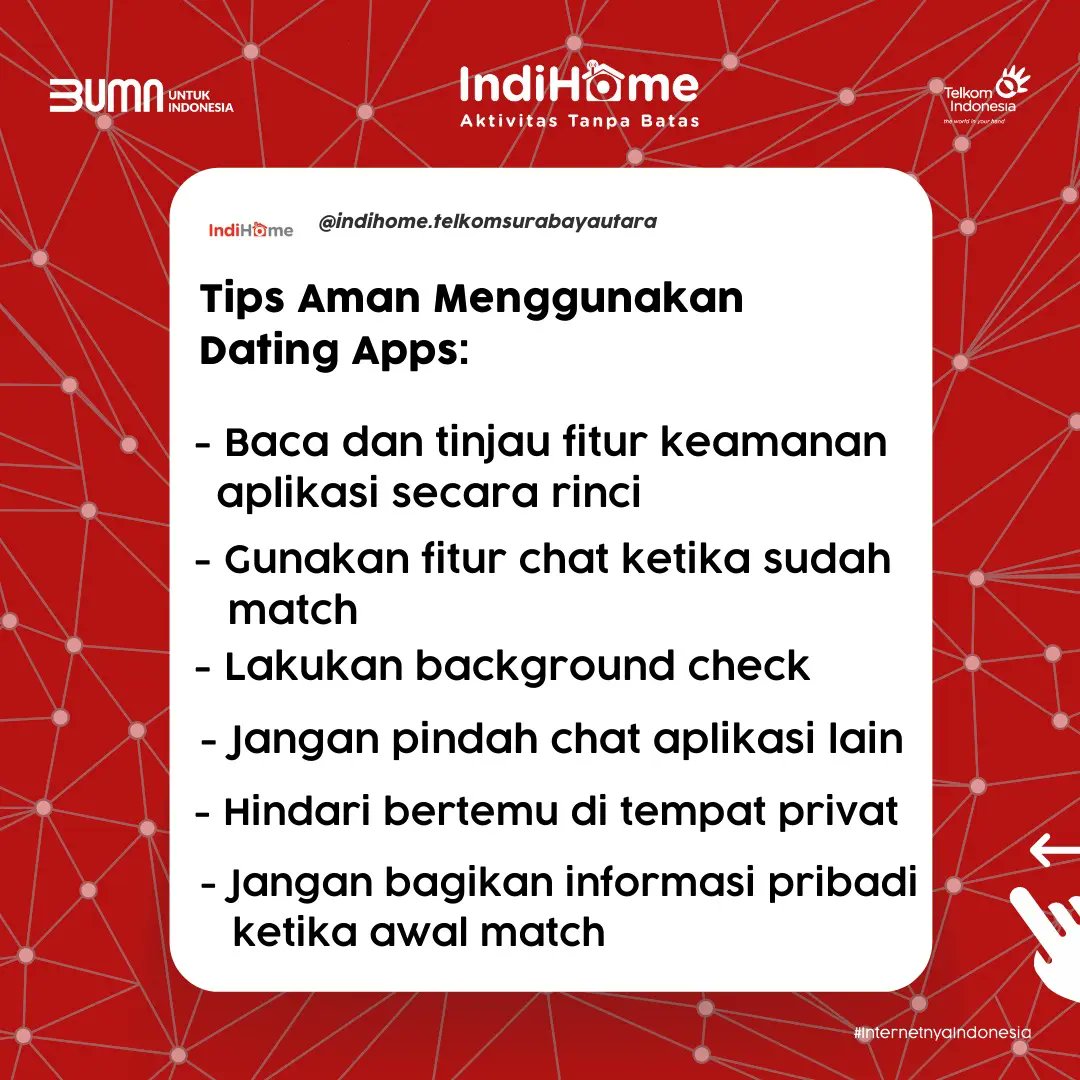 indihomesbu's tweet photo. Sobat, ada yang cari jodoh lewat dating apps?

Dating apps zaman sekarang memang menyediakan sarana untuk berkenalan hingga pdkt lho.Tapi Sobat perlu waspada ketika menggunakan dating apps.

Sobat, lebih pilih kenalan melalui dating app atau real life nih?

#AktivitasTanpaBatas https://t.co/KVFtVi80l3