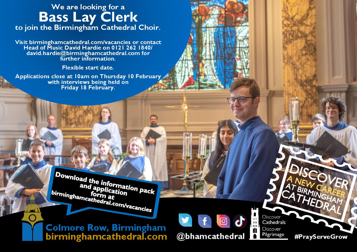bhamcathedral's tweet photo. We are looking for a new Bass Lay Clerk to join our fantastic Birmingham Cathedral Choir! To apply and for more information, head to our vacancies page: https://t.co/DUceYKLlX0
#CathedralJobs #BirminghamJobs #LayClerk #BassLayClerk #Vacancy https://t.co/MIkZxi4mDp