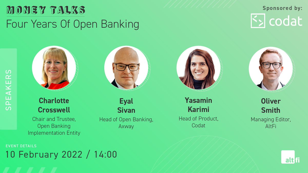 AltFiNews's tweet photo. What does the future hold for #openbanking?

Join our industry expert speakers at our upcoming Money Talks: Four Years Of Open Banking webinar as they cast their open banking predictions 🔮

📅10 February 2022
⏰2pm (UK time)

Register here: https://t.co/uFbBC6qQoV

#fintech https://t.co/KOhlR3gfWa