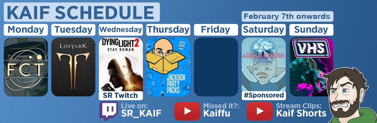 KaiffYT's tweet photo. New games again this week!
M: @1stClassTrouble  - NEW ITEMS
T: @playlostark - I'm hyped to play!
W: @DyingLightGame - Continuing Co-op
Th: @jackboxgames  - Bad drawings
S: @FF_XIV_EN  - Time to finally start Endwalker!
Su: @VHSTheGame  - We finally got into the beta, lets gooo! https://t.co/DWqiTOaB94