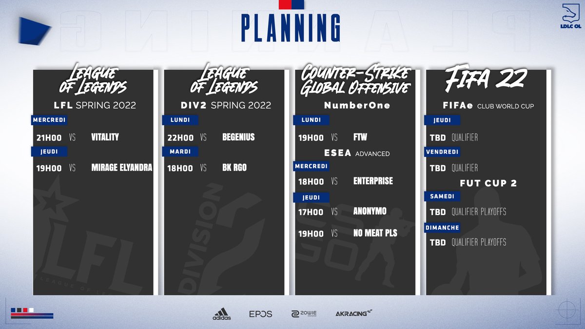 LDLC_OL's tweet photo. Que du lourd au programme de cette semaine :
ποΈ #Div2LoL
ποΈ #LFL
ποΈ #numberoneCsgo
ποΈ #ESEAadvanced
ποΈ #FifaeClubWorldCup
ποΈ#2kEUML
ποΈ #UAEB https://t.co/e9d0mOcyWG