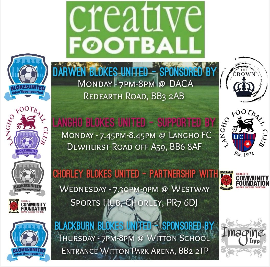 Blokes United (@united_blokes) on Twitter photo Darwen Blokes United is on tonight!
7pm - @ DACA
sponsored by The Crown Darwen, support 30+ men every week!
<a href="/BlokesLangho/">Langho blokes united</a> is on tonight
7.45pm @ Langho FC
Supported by <a href="/LanghoFC/">Langho FC</a>, enabling men to access football weekly!
#DontBeOnYaTod Darwen Blokes United is on tonight!
7pm - @ DACA
sponsored by The Crown Darwen, support 30+ men every week!
<a href="/BlokesLangho/">Langho blokes united</a> is on tonight
7.45pm @ Langho FC
Supported by <a href="/LanghoFC/">Langho FC</a>, enabling men to access football weekly!
#DontBeOnYaTod