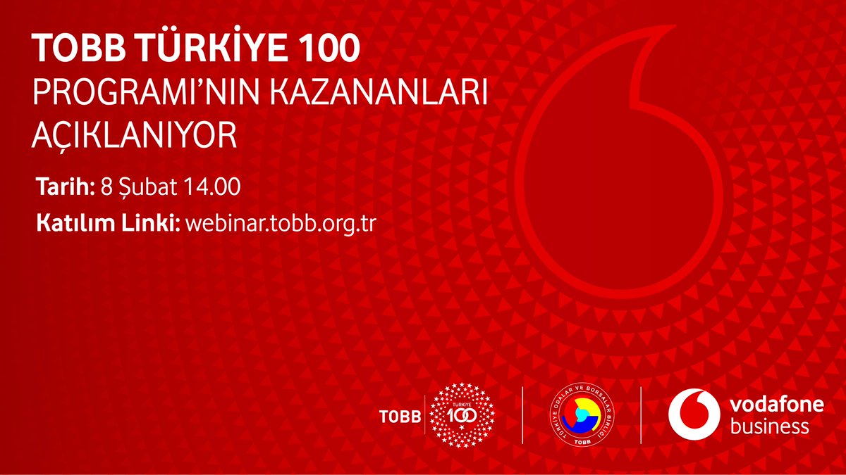 TOBB Türkiye 100 Programı'nın kazananları açıklanıyor! 8 Şubat saat 14.00'te webinar.tobb.org.tr adresinden programı canlı olarak izleyebilirsiniz. @TOBBiletisim