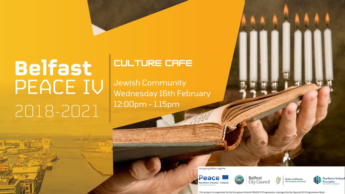 StevenJaffe1's tweet image. Join the Belfast Jewish community as we celebrate our faith, culture, history, music and cuisine - and 150 year connection with #Belfast.
Belfast City Council #Jewish Culture Cafe on-line Zoom event Wed 16 Feb 2022 12pm
Free! To register:plannd.co.uk/peaceivfebruar…